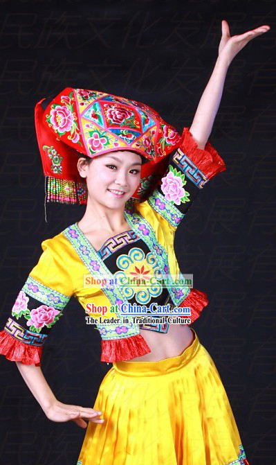 Chinese Zhuang Ethnic Dance Costumes and Hat for Women
