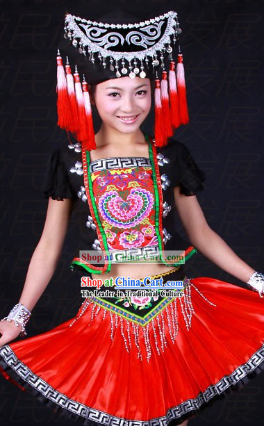 Chinese Zhuang Ethnic Dance Costumes and Hat for Women