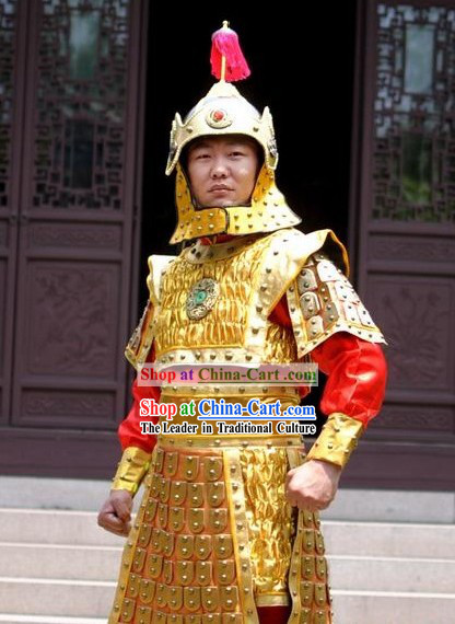 Ancient Chinese Golden Armor Costumes and Helmet for Men