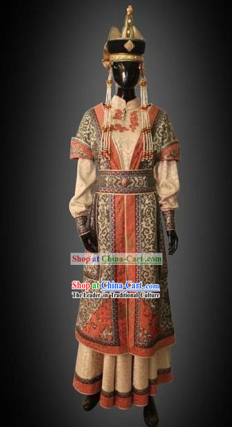 Traditional Chinese Mongolian Clothing and Hat Complete Set for Women