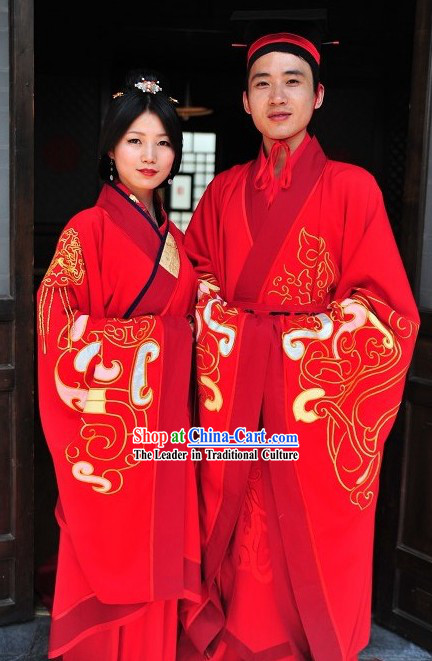 Ancient Chinese Red Hanfu Wedding Dress Two Complete Sets for Bride and Bridegroom