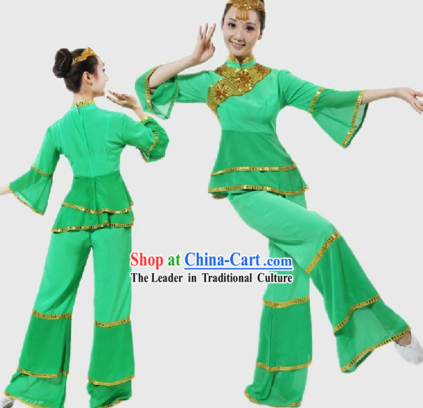 Chinese Classical Green Fan Dancing Costume for Women