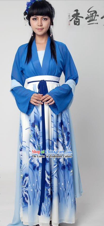 Ancient Chinese Han Dynasty Blue Clothing Complete Set for Women