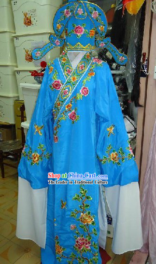 Chinese Peking Opera Embroidered Flower Young Man Costume and Hat