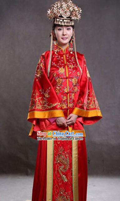 Traditional Chinese Embroidered Lucky Red Wedding Dress Complete Set