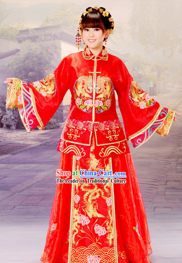 Chinese Classic Embroidered Phoenix Wedding Dress Complete Set for Brides