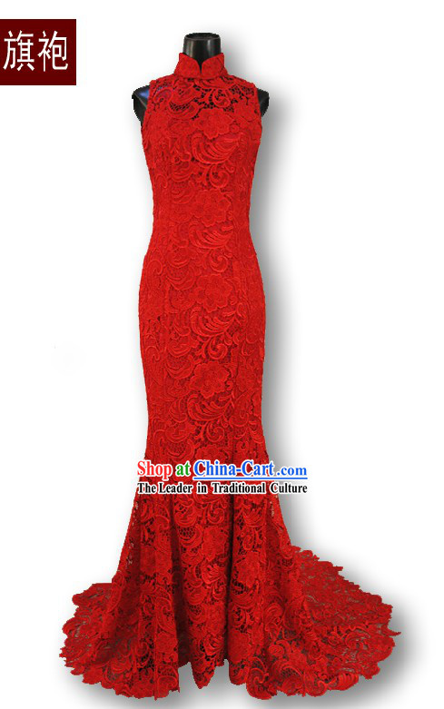 Supreme Long Tail Red Lace Palace Wedding Cheongsam Qipao for Brides