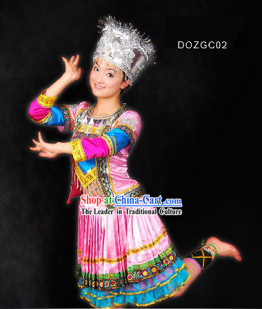Traditional Chinese Dong Minority Dance Clothes and Hat for Women