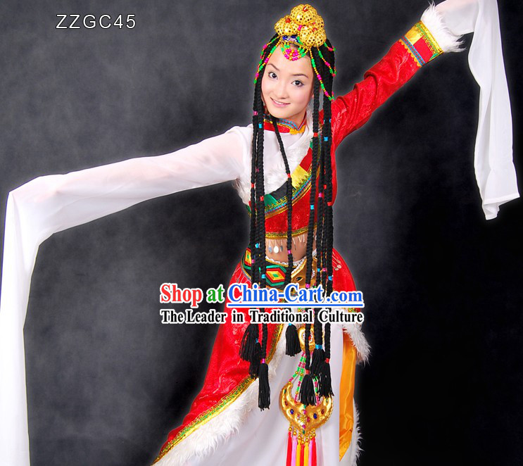 Traditional Chinese Tibetan Dance Costumes and Head Pieces for Women