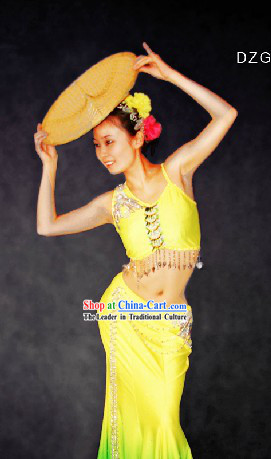 Traditional Chinese Dai Ethnic Dance Costumes and Head Pieces for Women