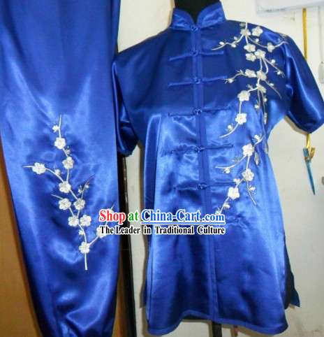 Chinese Classical Blue Embroidered Plum Blossom Tai Chi Uniform