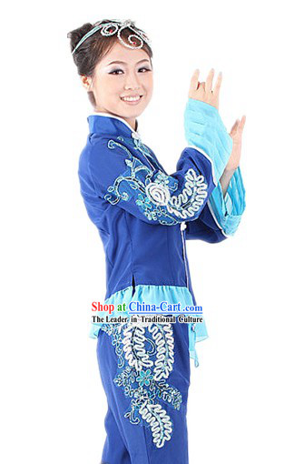 Traditional Chinese Blue Flower Fan Dancing Suit for Women