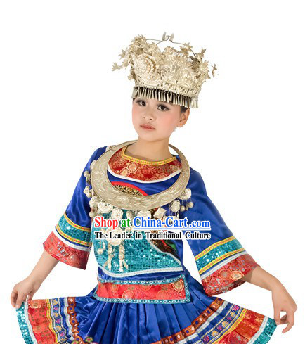 Traditional Chinese Miao Ethnic Dresses and Silver Hat for Women