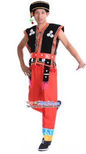 Traditional Chinese Wa Minority Dance Costume and Headpiece for Men