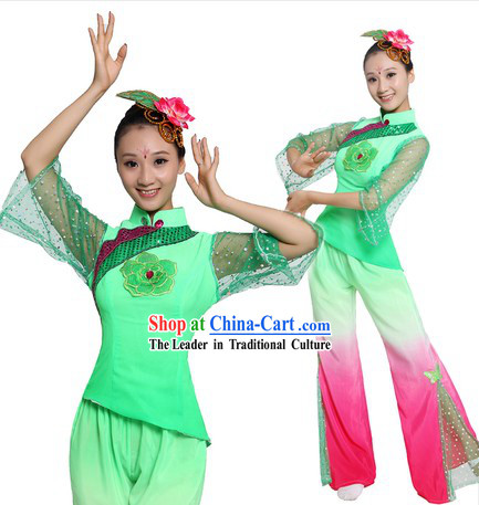 Traditional Chinese Fan Dance Costume and Headpiece for Women