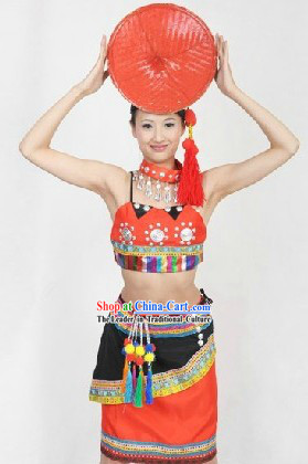 Traditional Chinese Dai Dance Costumes and Hat for Women