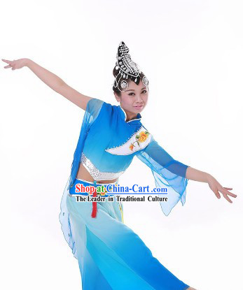 Blue Festival Celebration Stage Performance Fan Dance Costume and Headwear for Women