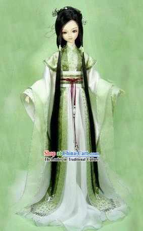 Ancient Chinese Green Cosplay Costumes and Hair Accessories Complete Set