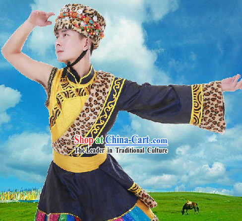 Ancient Chinese Tibetan Dance Costumes and Hat for Men
