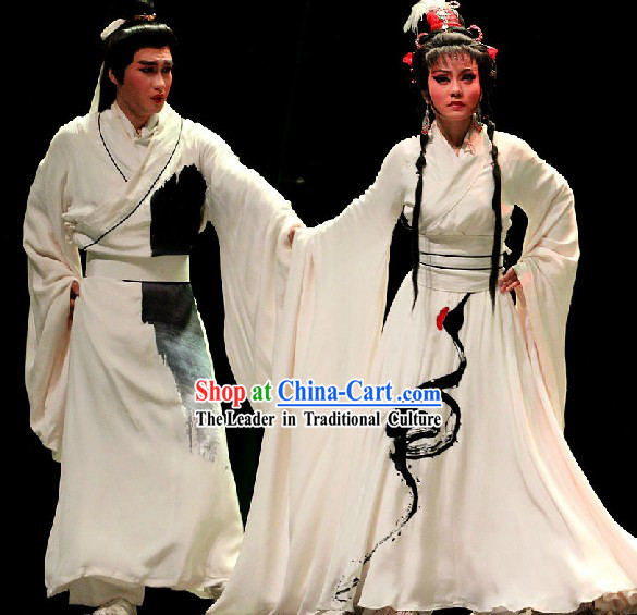 Traditional Chinese Huangmei Opera White Crane Costumes Two Complete Sets for Women and Men