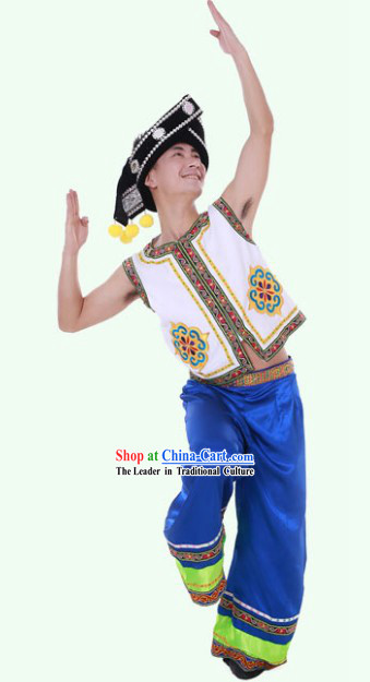Traditional Chinese Yi Minority Jacket Clothes and Headpieces for Men