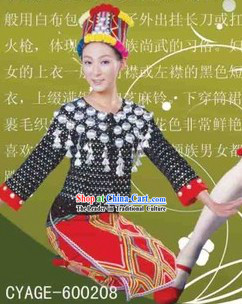 Traditional Chinese Jingpo Minority Dresses and Hat Complete Set for Women
