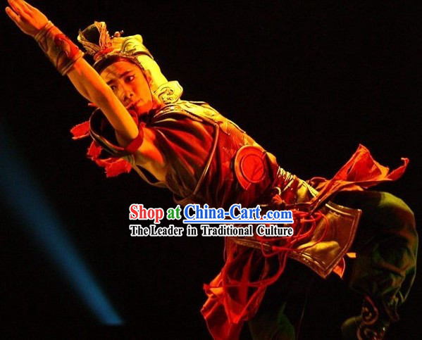 Traditional Chinese Drum Armor Dance Costume and Headwear Complete Set for Men