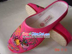 Traditional Chinese Handmade Pink Cotton Slippers with Thick Cotton Sole