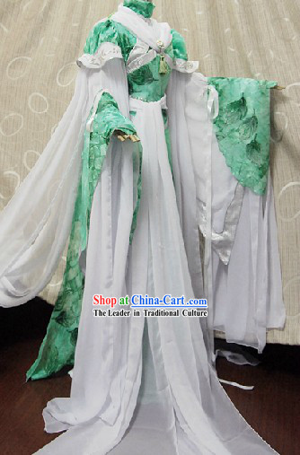 Ancient Chinese Green and White Fairy Costumes Complete Set for Women
