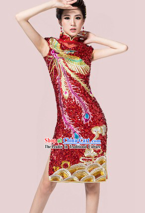 Short Custom-made Traditional Chinese Red Wedding Phoenix Cheongsam