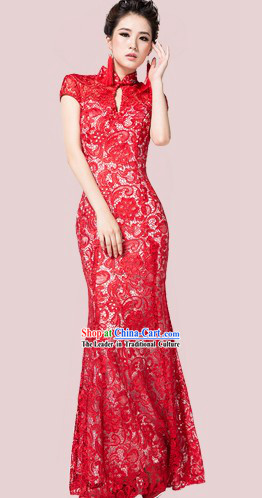 Long Custom-made Chinese Modern Lace Wedding Cheongsam Dress