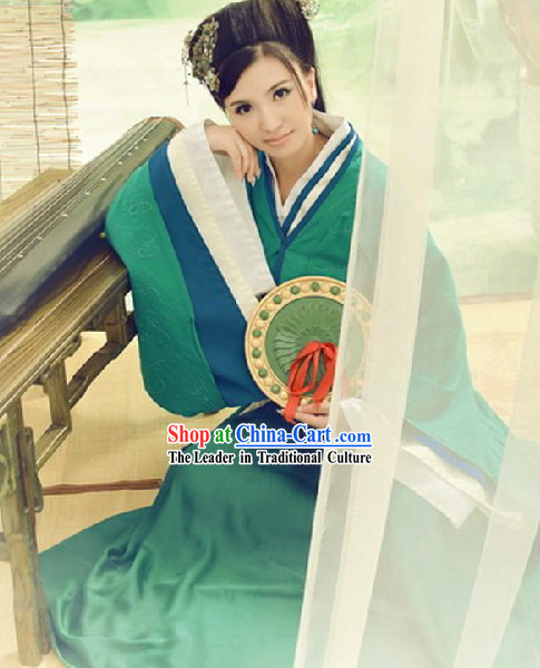 Ancient Chinese Pretty Girl Green Costumes and Accessories Complete Set