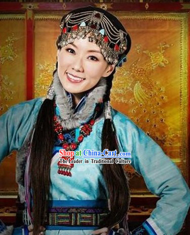 Light Blue Mongolian Princess Clothing and Headwear Complete Set