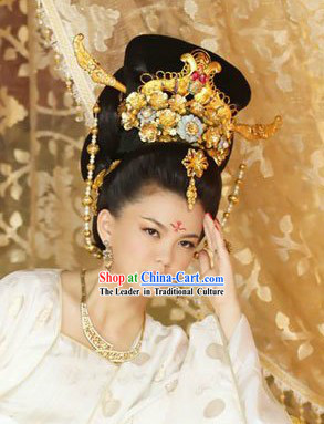 Traditional Ancient Chinese Tang Dynasty Tai Ping Princess Wig and Headdress Complete Set