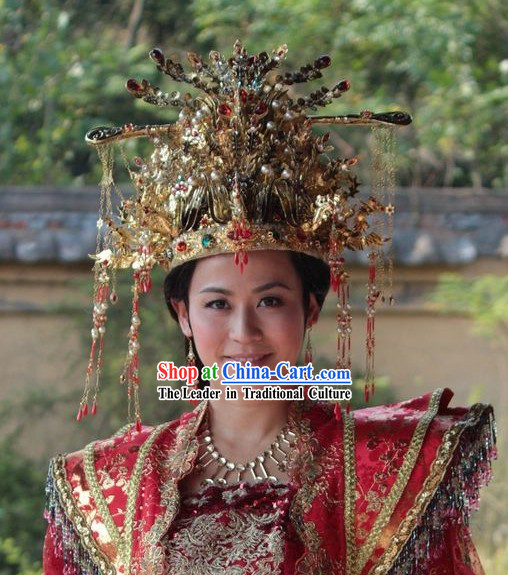 Traditional Chinese Princess Phoenix Hat Earrings Necklace Complete Set