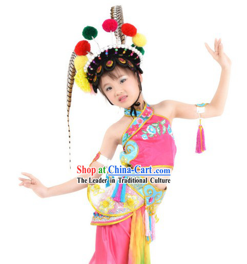 Ancient Chinese Beijing Opera Dances Costume and Headdress Complete Set for Children