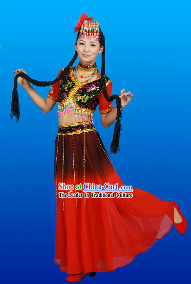 Traditional Chinese Xinjiang Dance Outfit and Hat Complete Set for Women