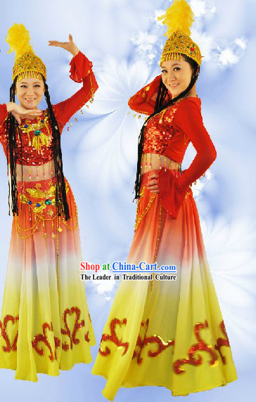 Traditional Chinese Xinjiang Dance Uniform and Hat Complete Set for Women