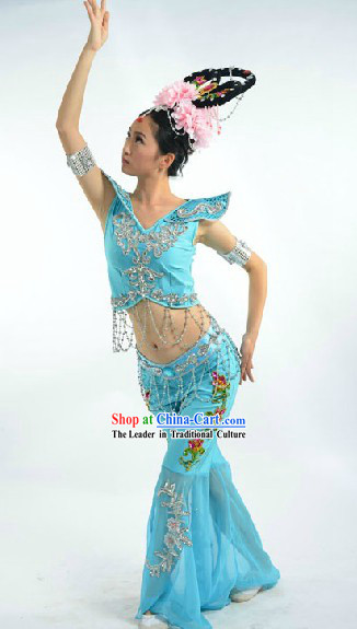 Blue Dunhuang Fei Tian Classic Dance Suit and Headdress Complete Set for Women