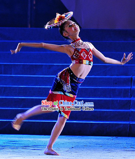 China Dai Dance Outfit and Bamboo Hat Complete Set for Girls