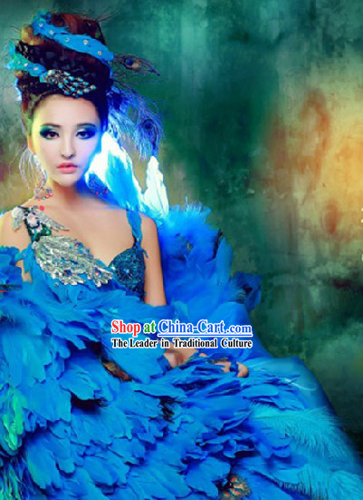 Blue Peacock Feather Dance Costumes and Headwear Complete Set