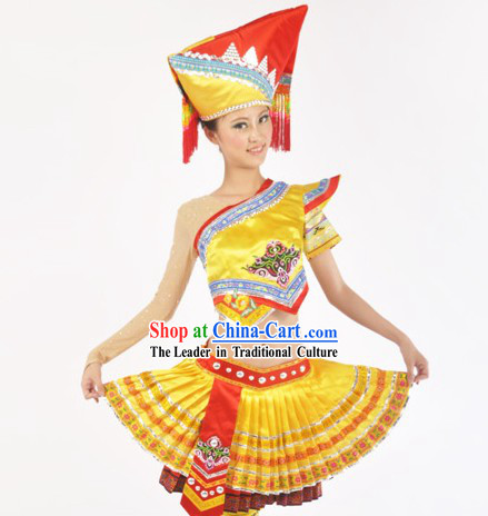 Traditional Chinese Zhuang Ethnic Clothes and Headdress for Women
