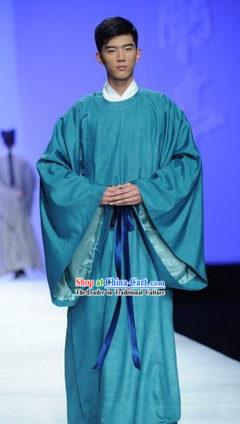Blue Ancient Chinese Tang Dynasty Male Clothing Complete Set for Women
