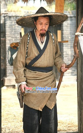 Ancient Chinese Doctor Costume and Bamboo Hat for Men