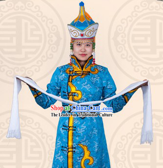 Traditional Chinese Blue Mongolian Clothing and Hat for Women