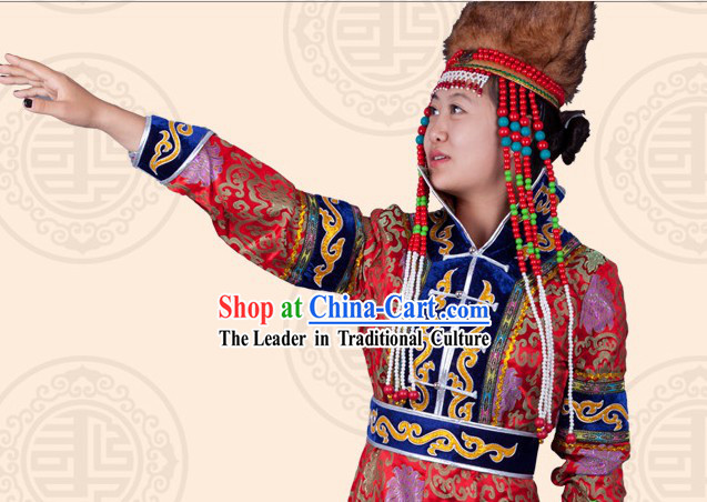 Traditional Chinese Ethnic Mongolian Long Robe and Hat for Women