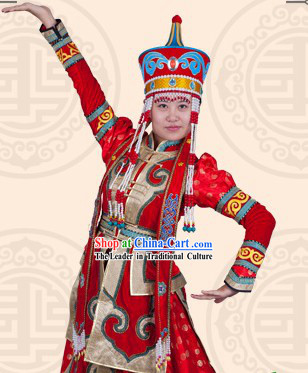 Traditional Chinese Mongolian Ordos Dresses and Hat Complete Set for Women