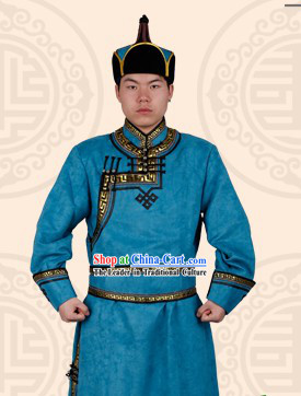 Traditional Chinese Mongolian Blue Robe and Hat Complete Set for Men