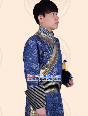 Traditional Chinese Mongolian Blue Robe and Hat Complete Set for Men
