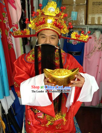 Traditional Chinese Male Cai Shen Ye Costumes and Helmet Complete Set
